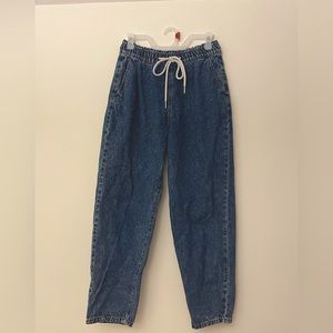 High Rise Dark Blue Jeans with Pockets and Shoelace String Waistband